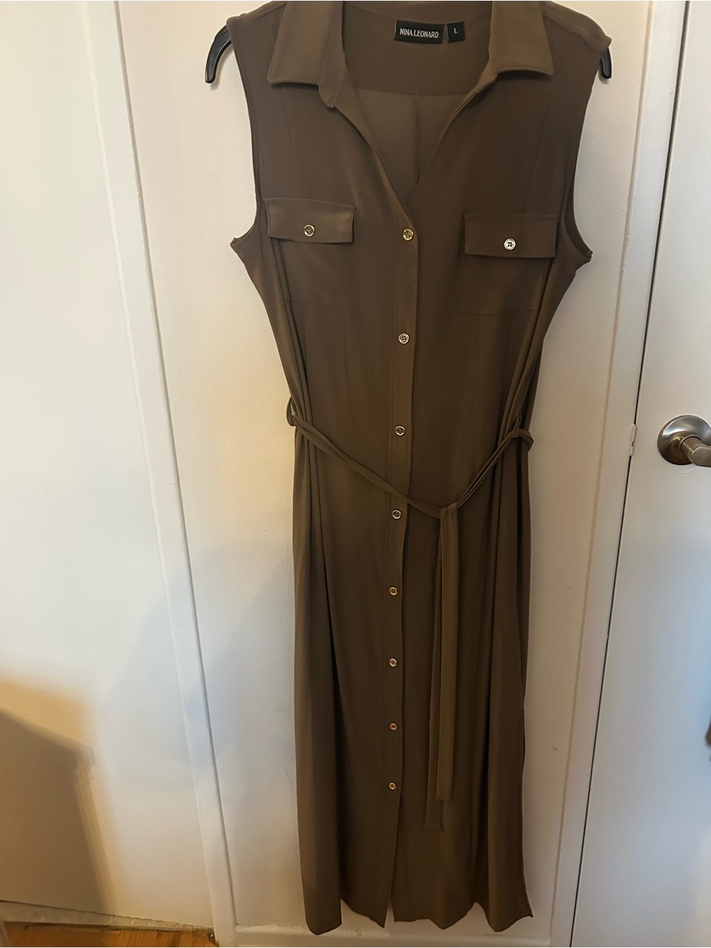 Nina Leonard Olive Brown Sleeveless Button-Front Maxi Dress